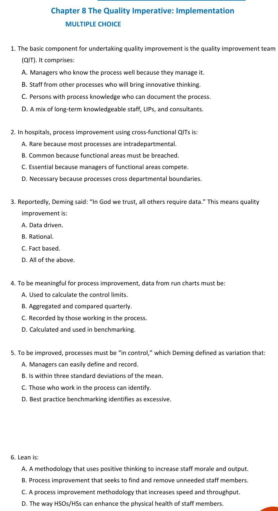Chapter 8 The Quality Imperative: Implementation