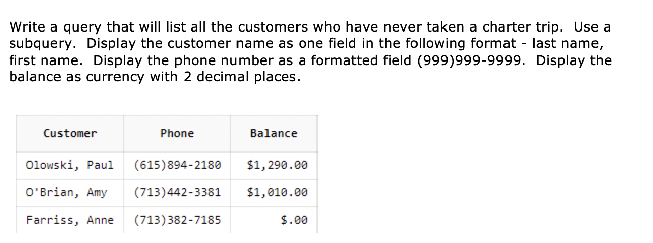 Write a query that will list all the customers