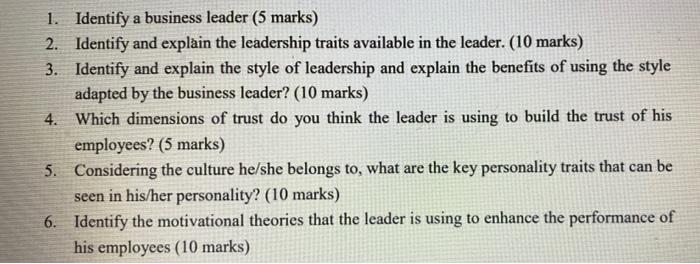 1. Identify a business leader (5 marks) 2.