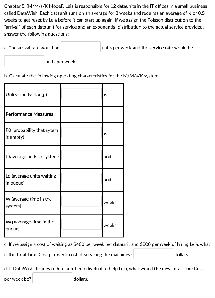 Chapter 5. (M/M/s/K Model). Leia is responsible