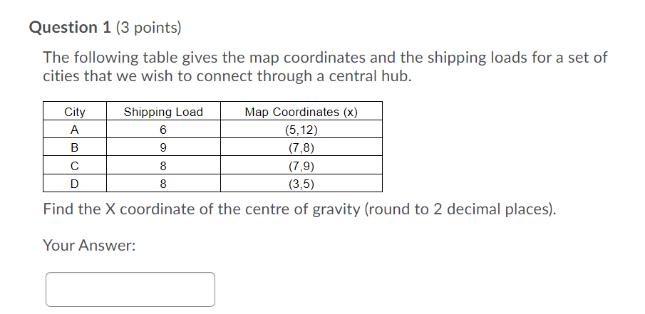 Question 1 (3 points) The following table gives