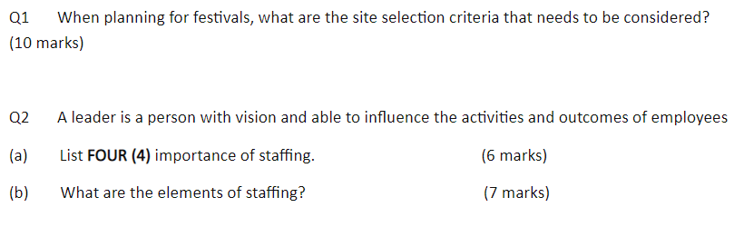 Q1 When planning for festivals, what are the site