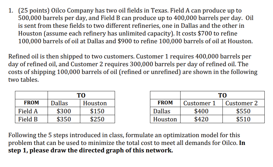 1. (25 points) Oilco Company has two oil fields