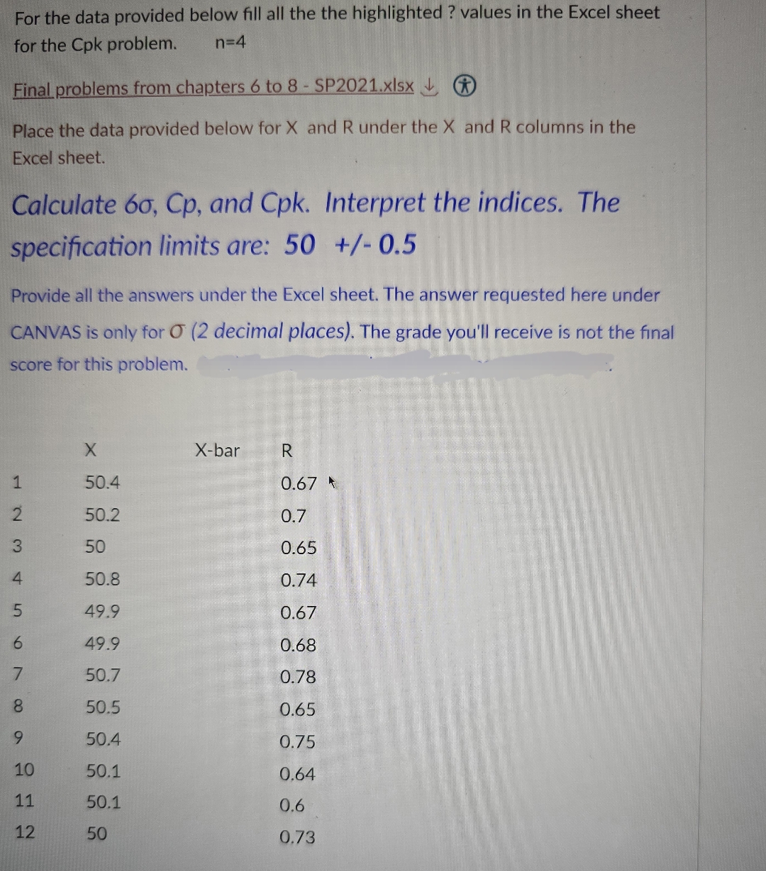 For the data provided below fill all the the