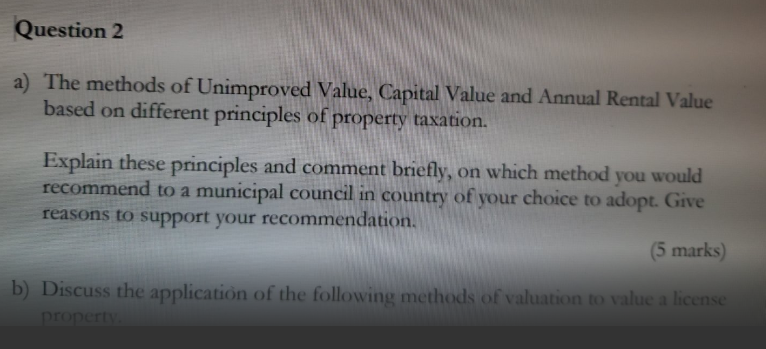 Question 2 a) The methods of Unimproved Value,