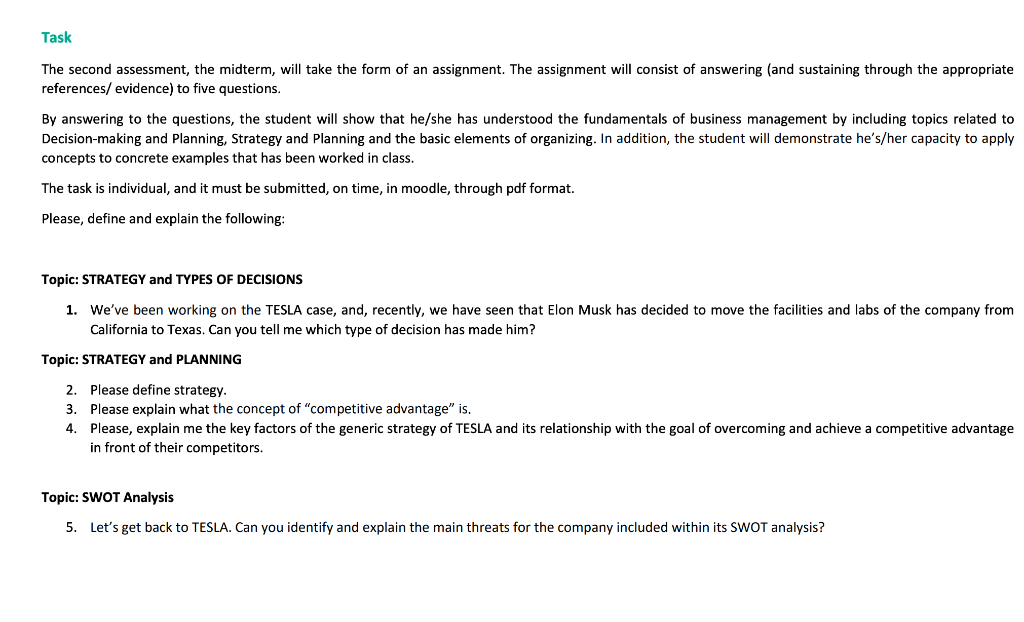 Task The second assessment, the midterm, will