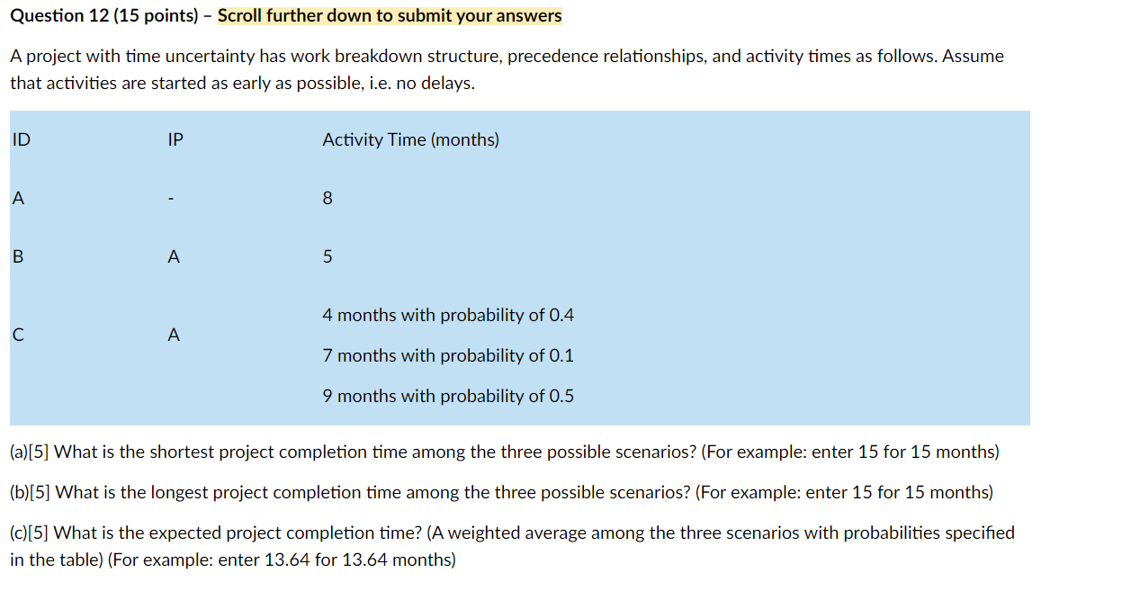 Question 12 (15 points) - Scroll further down to