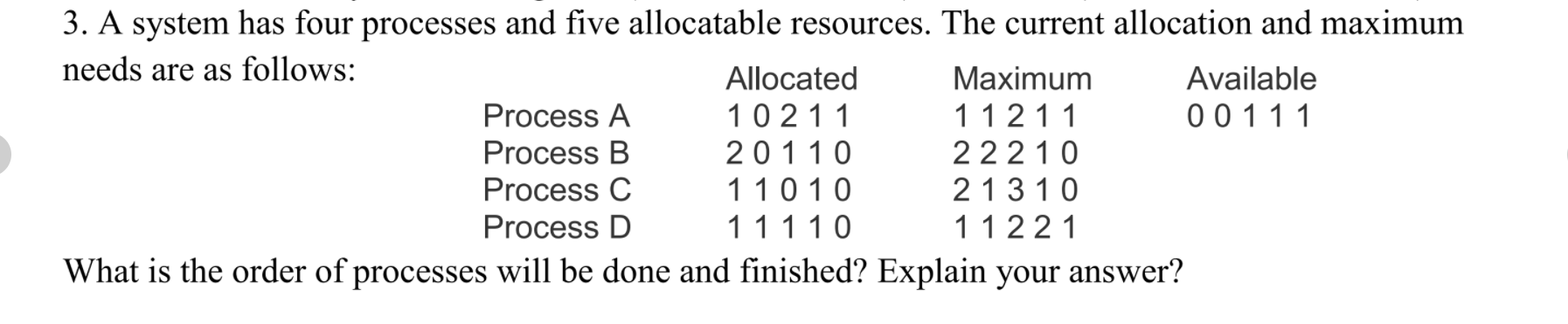 3. A system has four processes and five