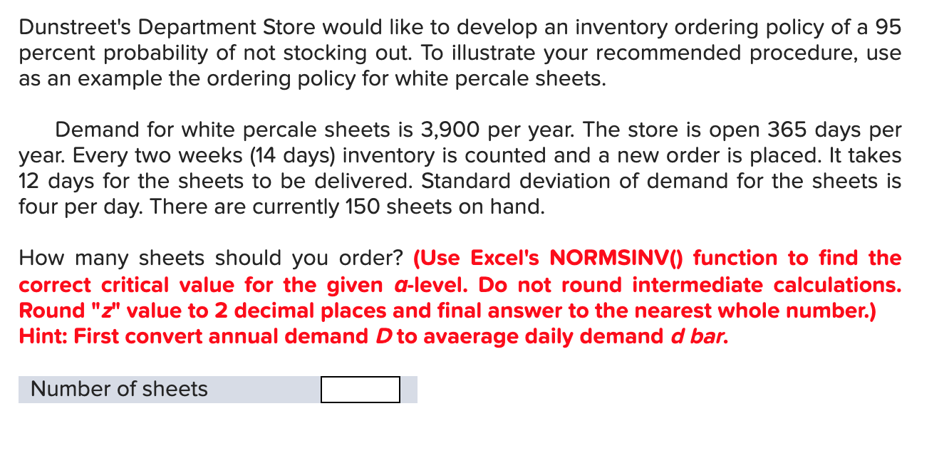 a Dunstreet's Department Store would like to