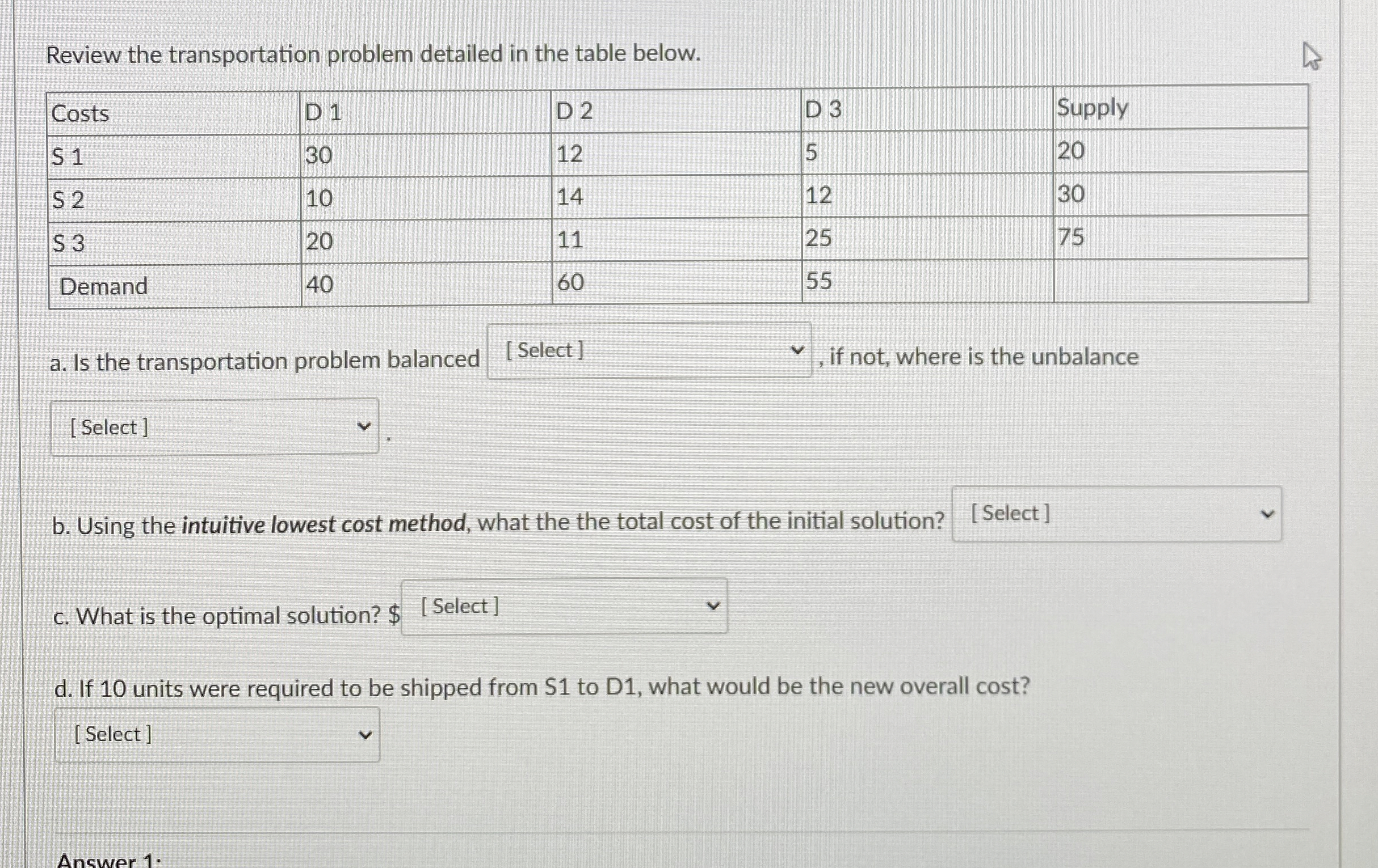 Review the transportation problem detailed in the