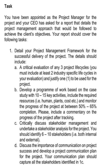 Task You have been appointed as the Project