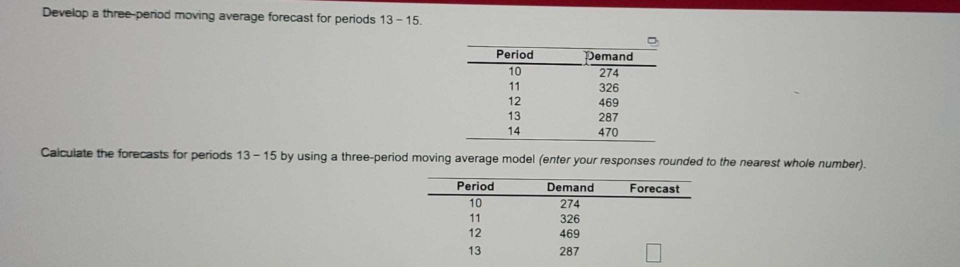 Develop a three-period moving average forecast