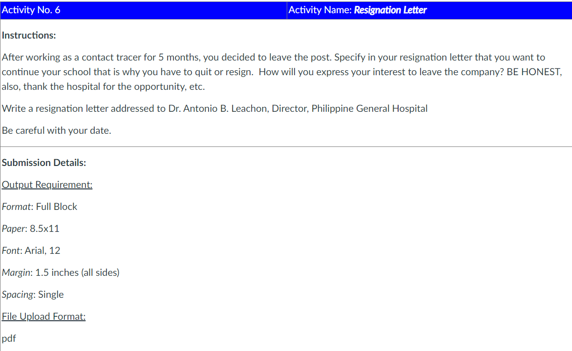 Activity No. 6 Activity Name: Resignation Letter