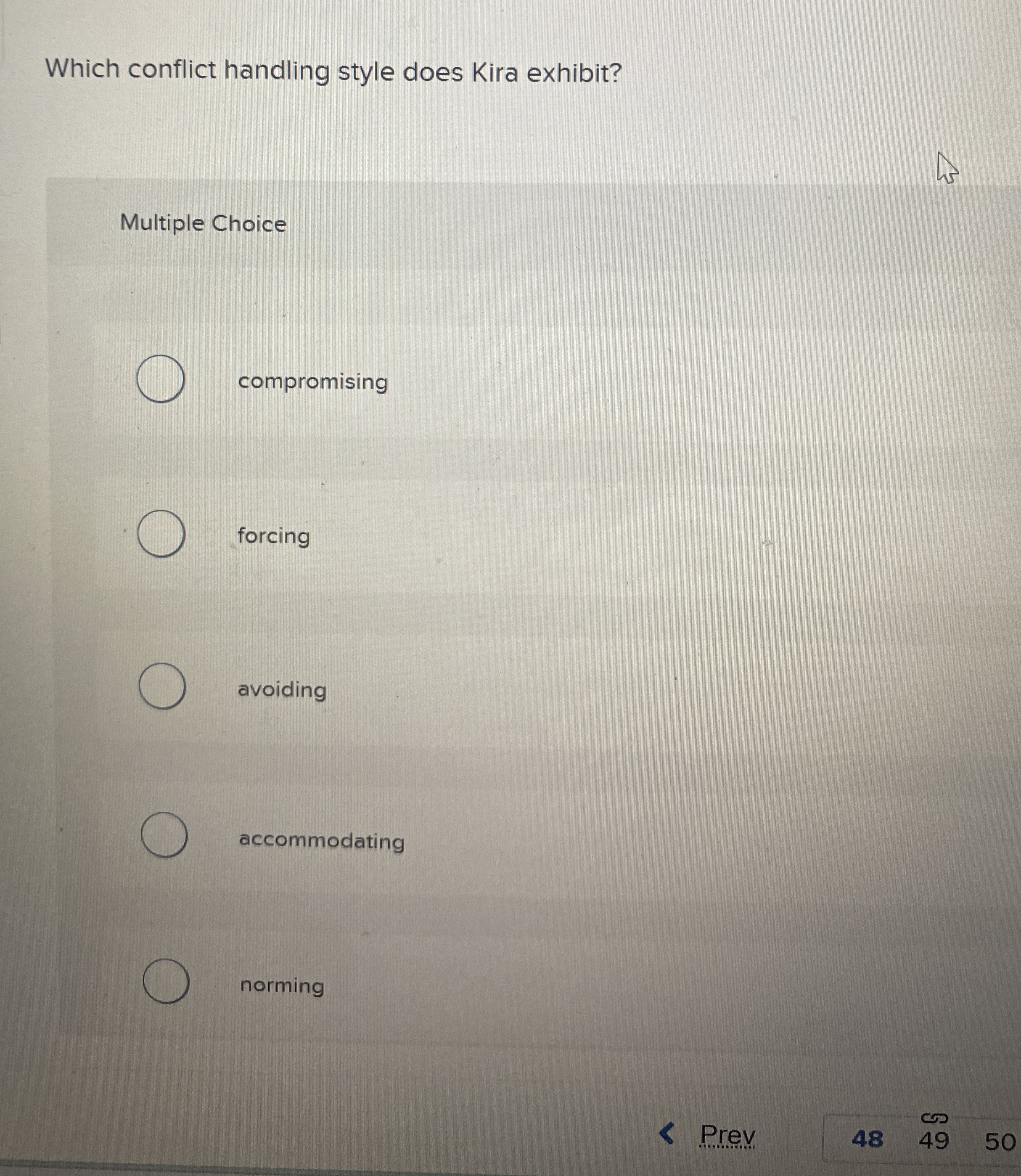 Which conflict handling style does Kira exhibit?