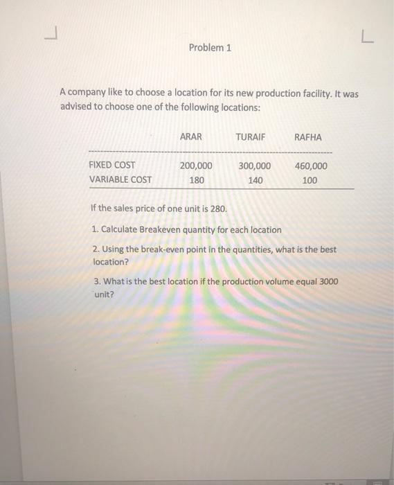 Problem 1 A company like to choose a location for