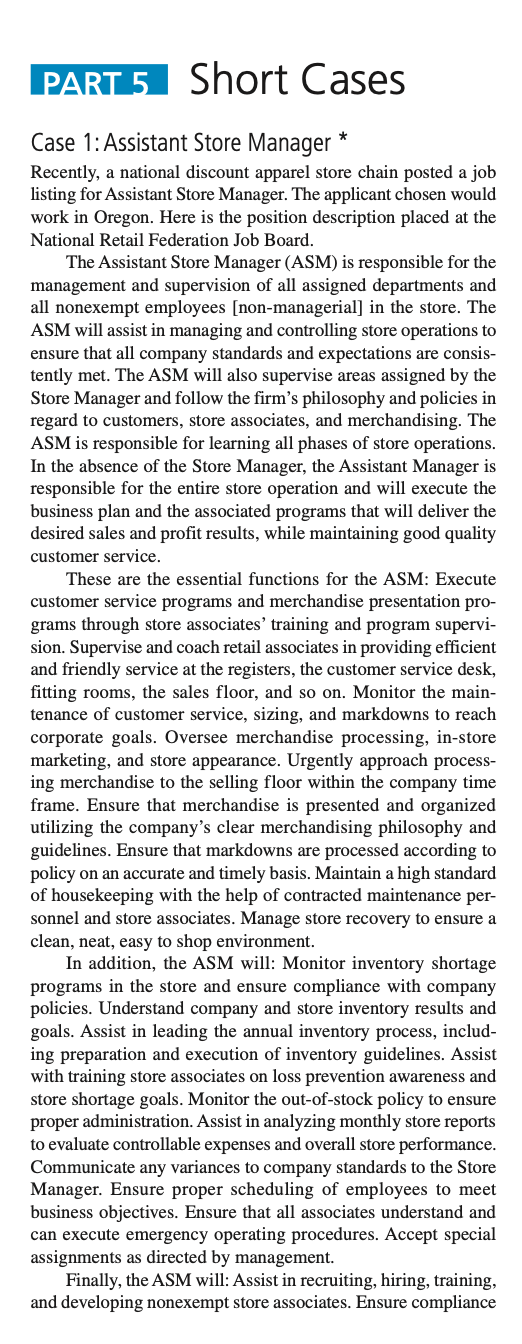 PART 5 Short Cases Case 1: Assistant Store