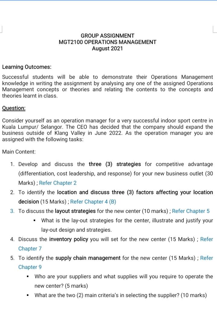 GROUP ASSIGNMENT MGT2100 OPERATIONS MANAGEMENT