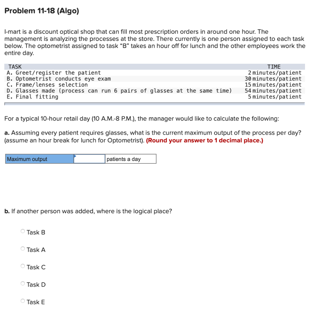 Problem 11-18 (Algo) I-mart is a discount optical