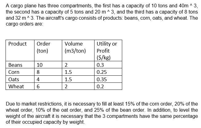 A cargo plane has three compartments, the first