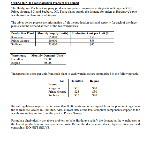 QUESTION 4: Transportation Problem (19 points)