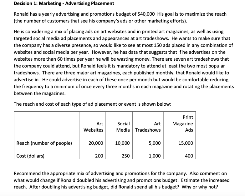 Include solutions pls Decision 1: Marketing -