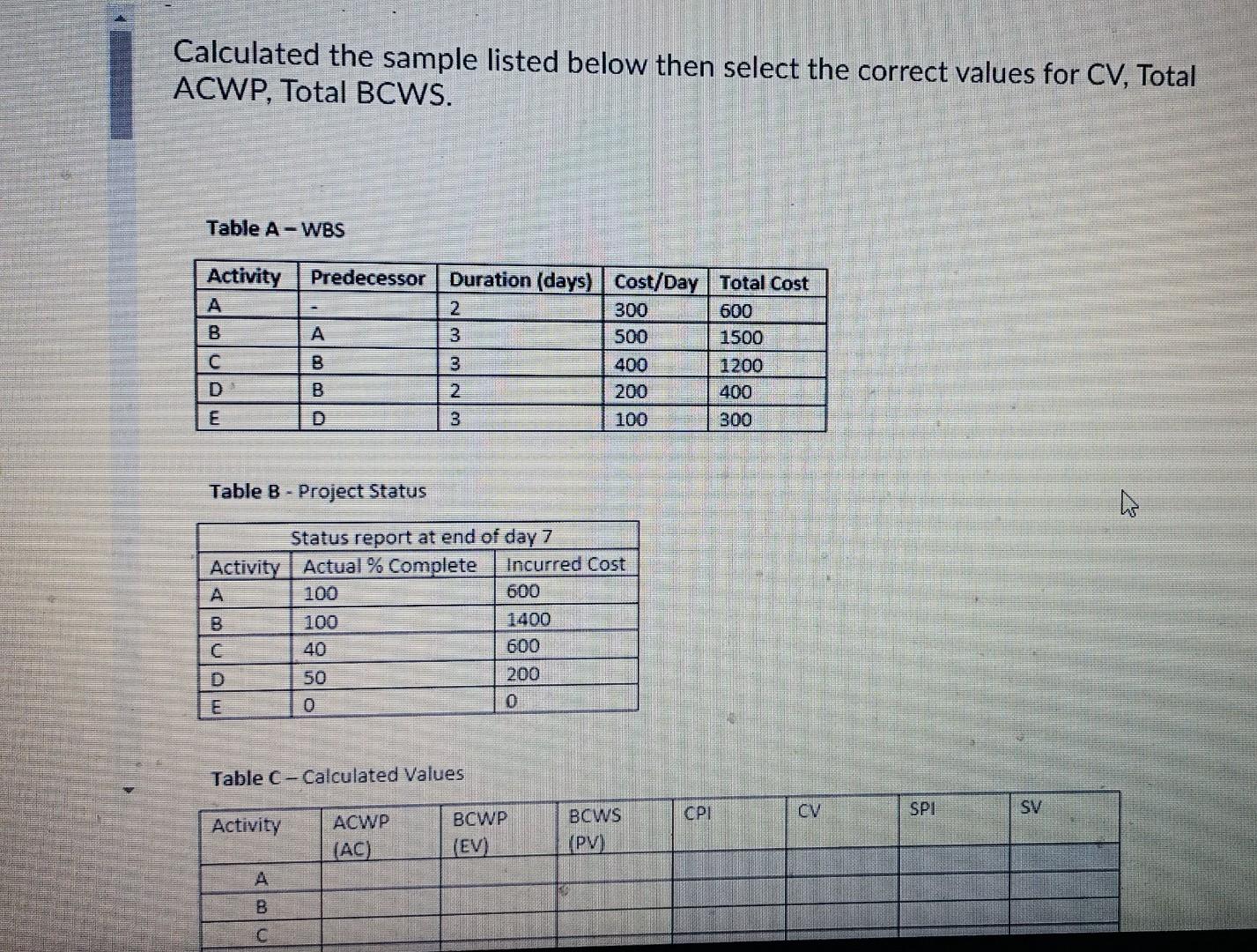 Calculated the sample listed below then select