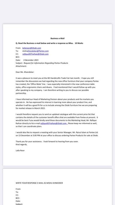 Q. Read the Business e-mail below and write a