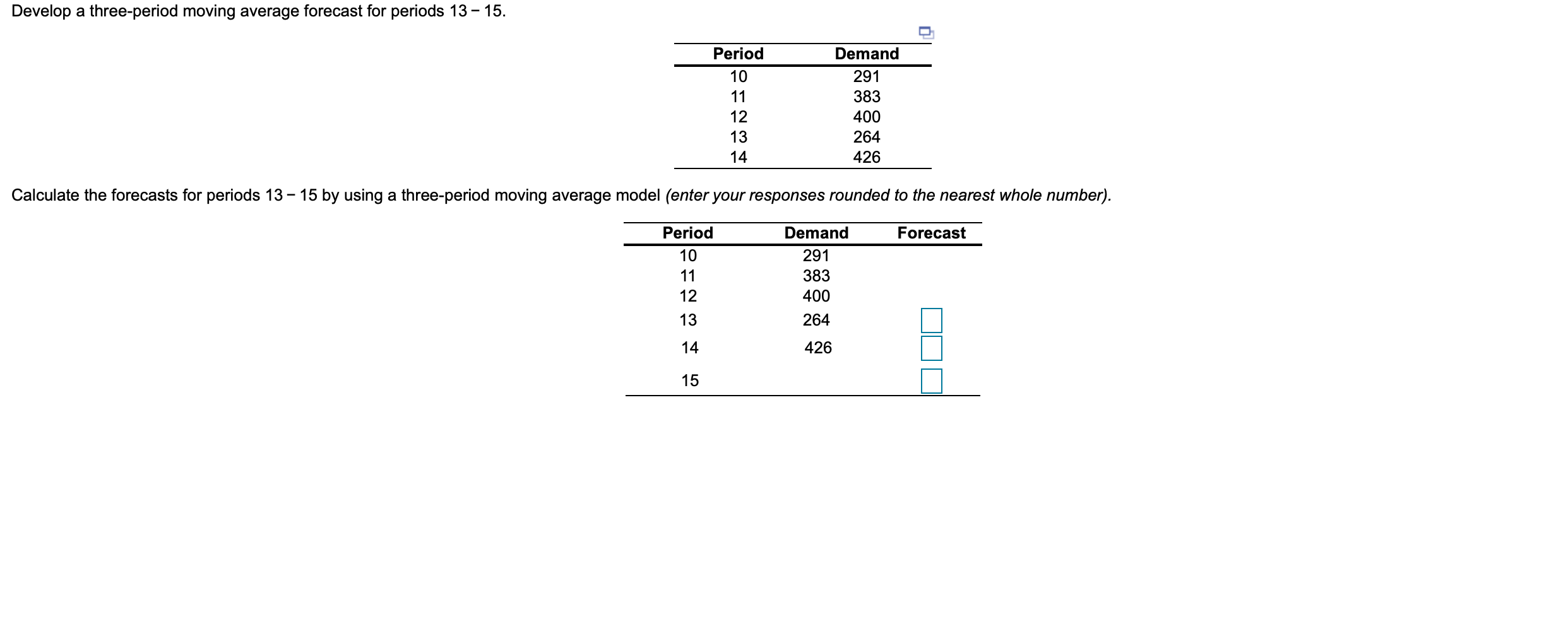 Develop a three-period moving average forecast