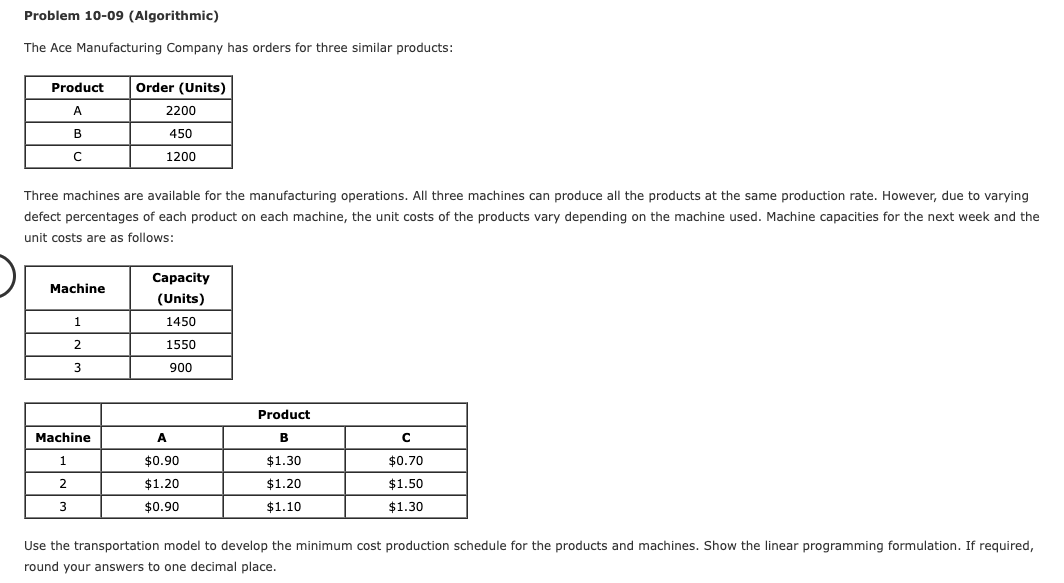 Problem 10-09 (Algorithmic) The Ace Manufacturing