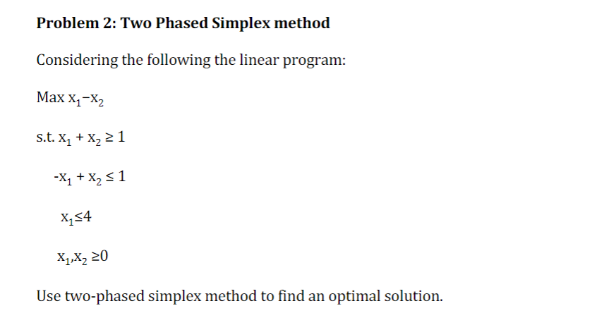 Problem 2: Two Phased Simplex method Considering