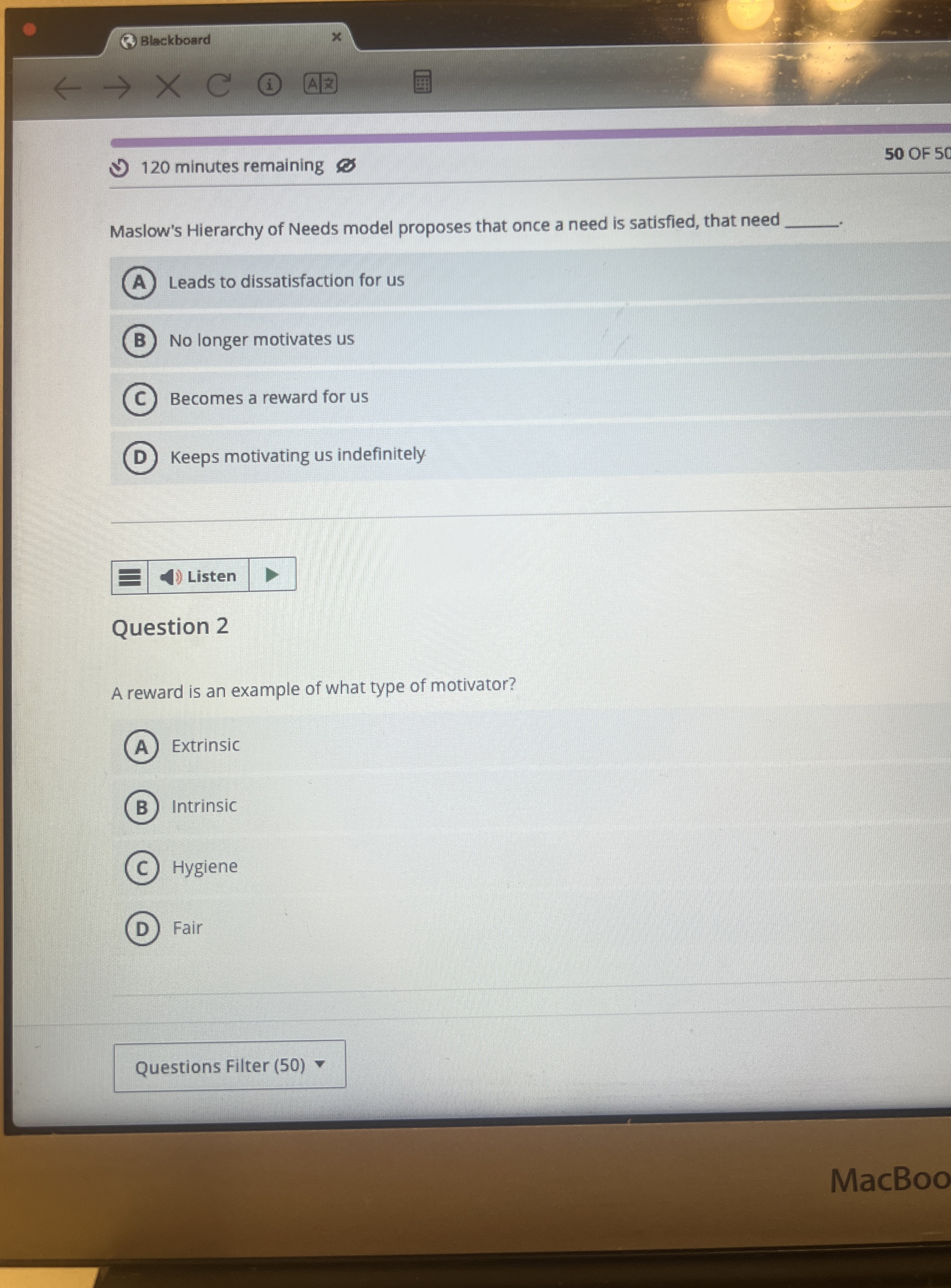 Blackboard 5 0 OF 5 0 1 2 0 minutes remaining 5 0