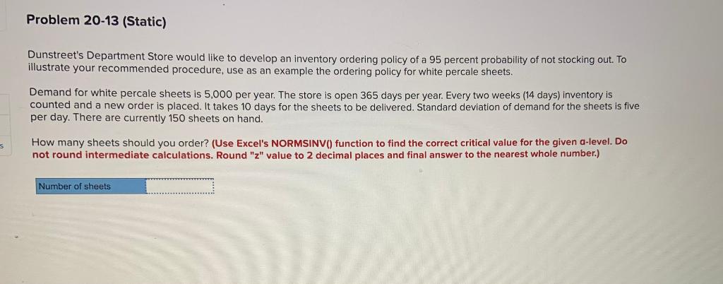 Problem 20-13 (Static) Dunstreet's Department