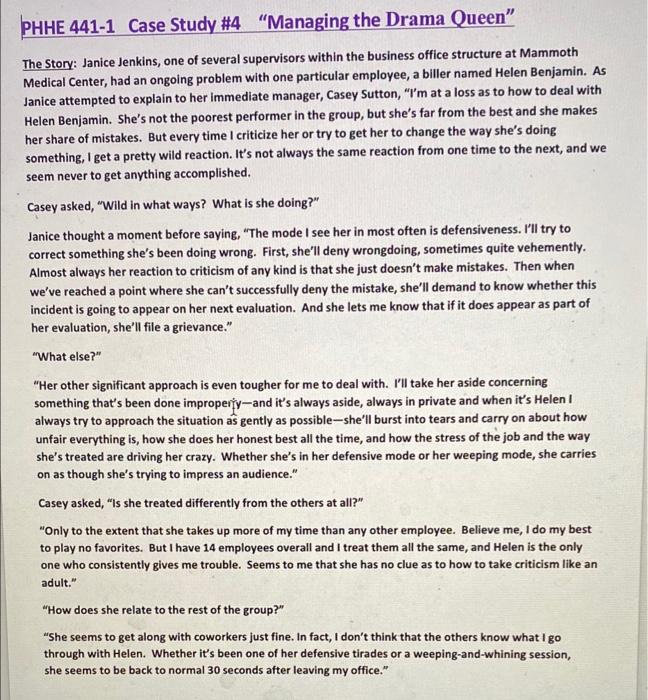 PHHE 441-1 Case Study #4 "Managing the Drama