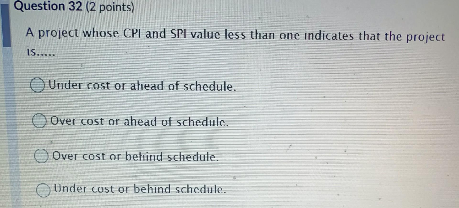 Question 32 (2 points) A project whose CPI and