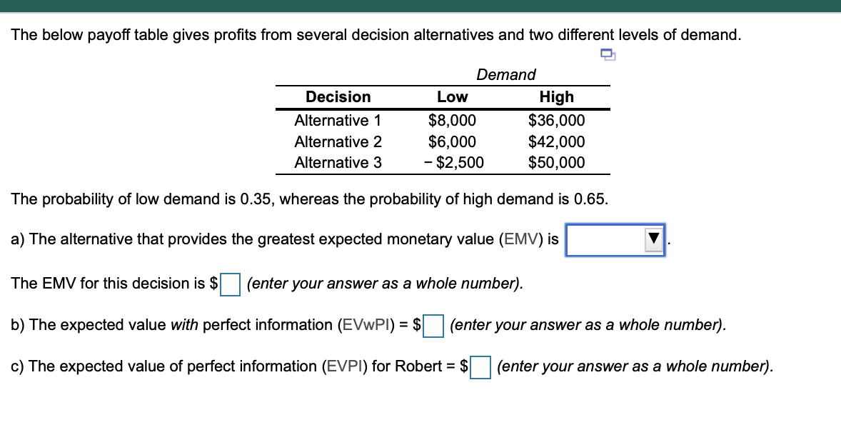 Decision Low High Alternative 1 $8,000 $36,000