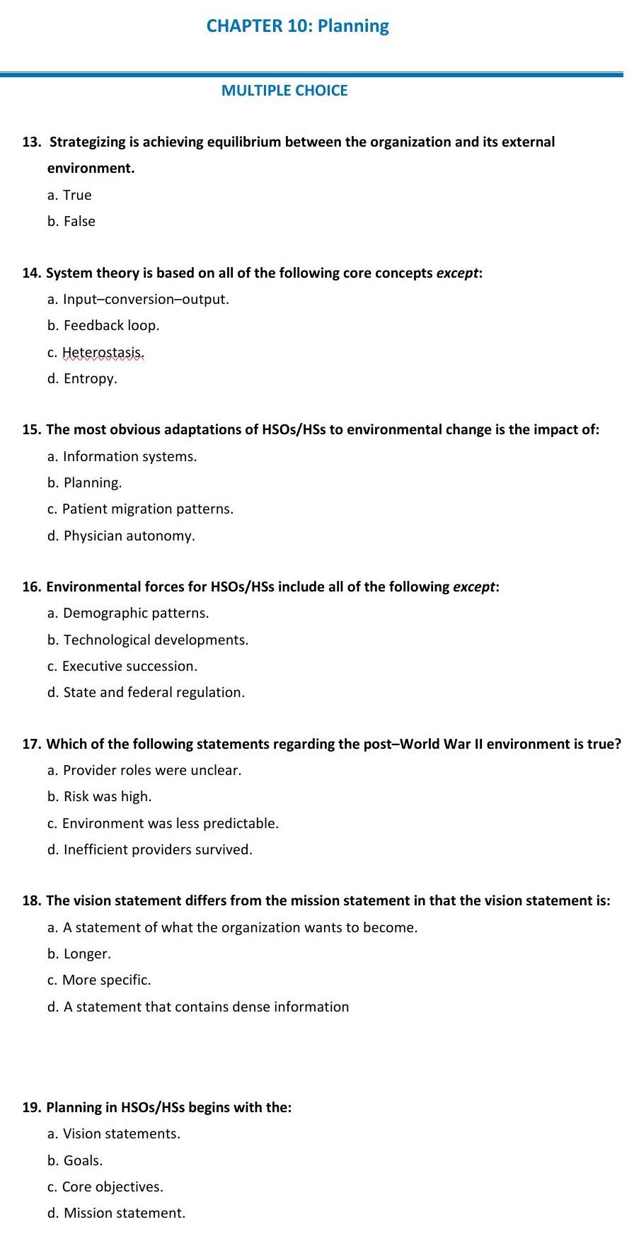 CHAPTER 10: Planning MULTIPLE CHOICE 13.