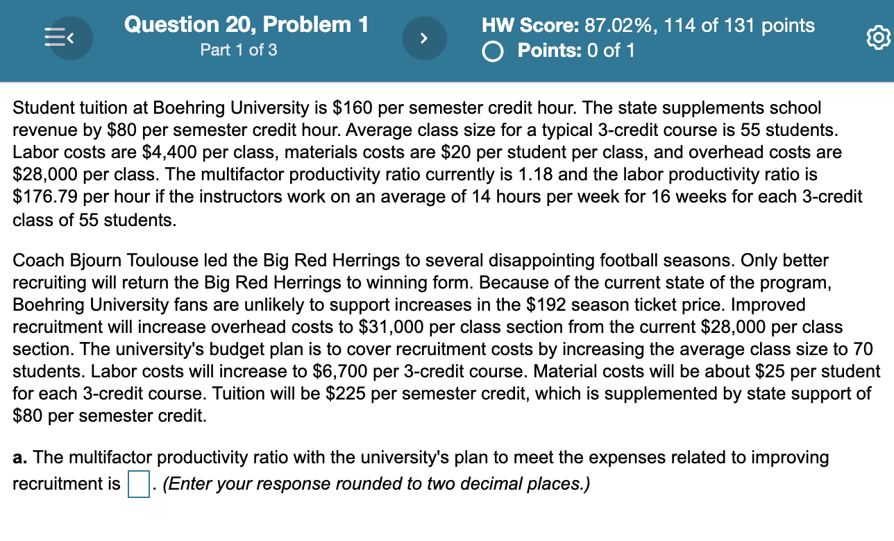 E Question 20, Problem 1 Part 1 of 3 > HW Score: