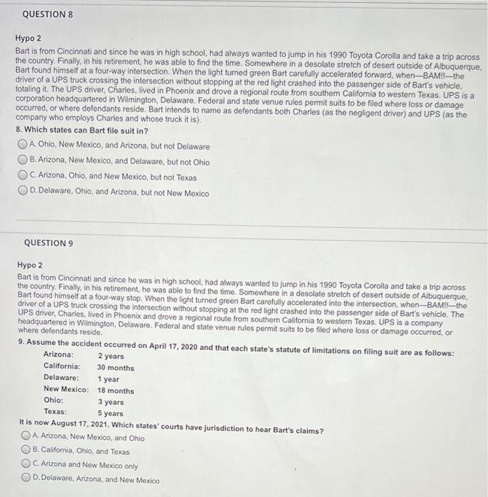 QUESTION 8 Hypo 2 Bart is from Cincinnati and