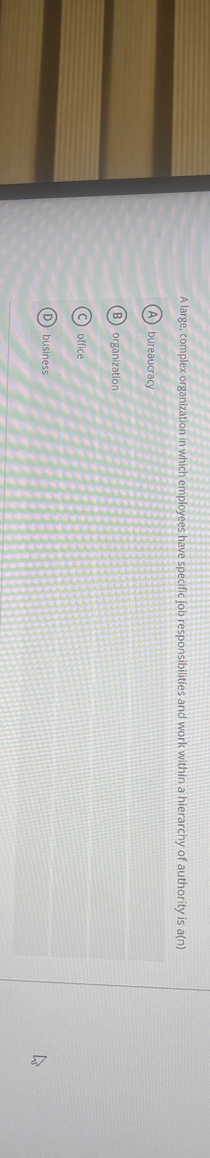 A large, complex organization in which employees