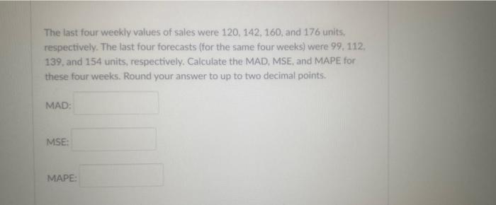 The last four weekly values of sales were 120,