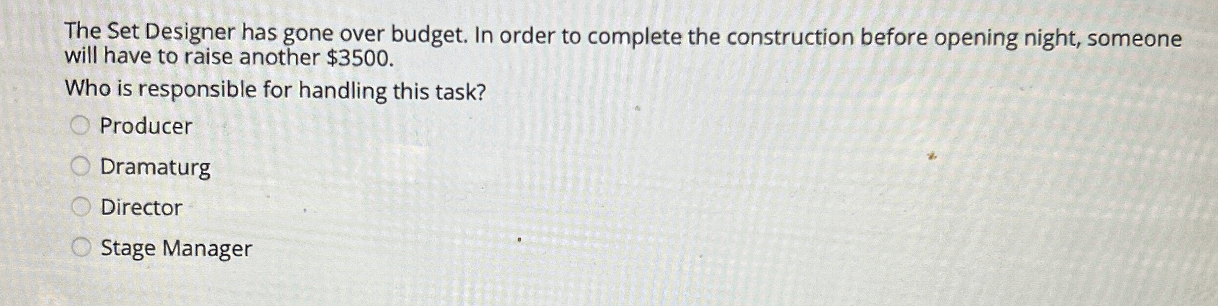 The Set Designer has gone over budget. In order