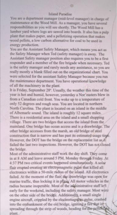 Island Paradise You are a department manager