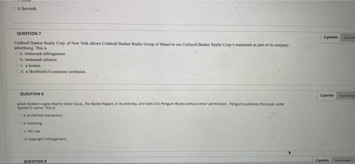 d. Seventh 2 points Seven QUESTION 7 Coldwell