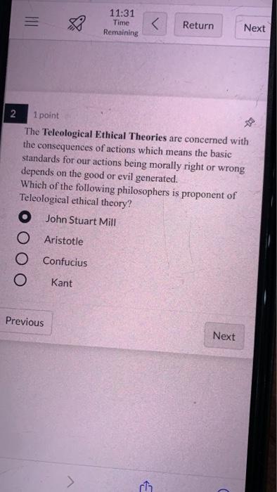 III 11:31 Time Remaining < Return Next 2 1 point