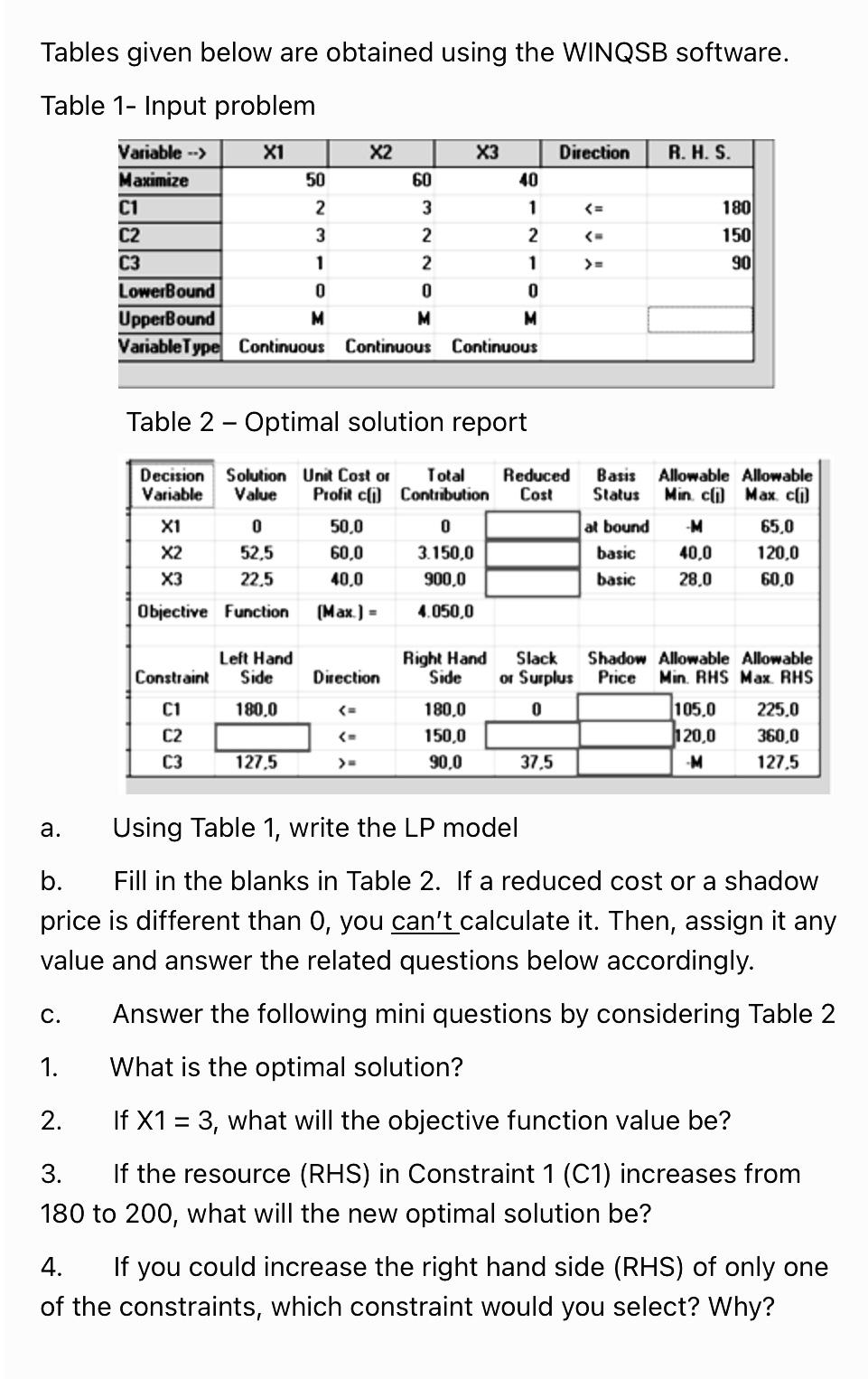 Tables given below are obtained using the WINQSB
