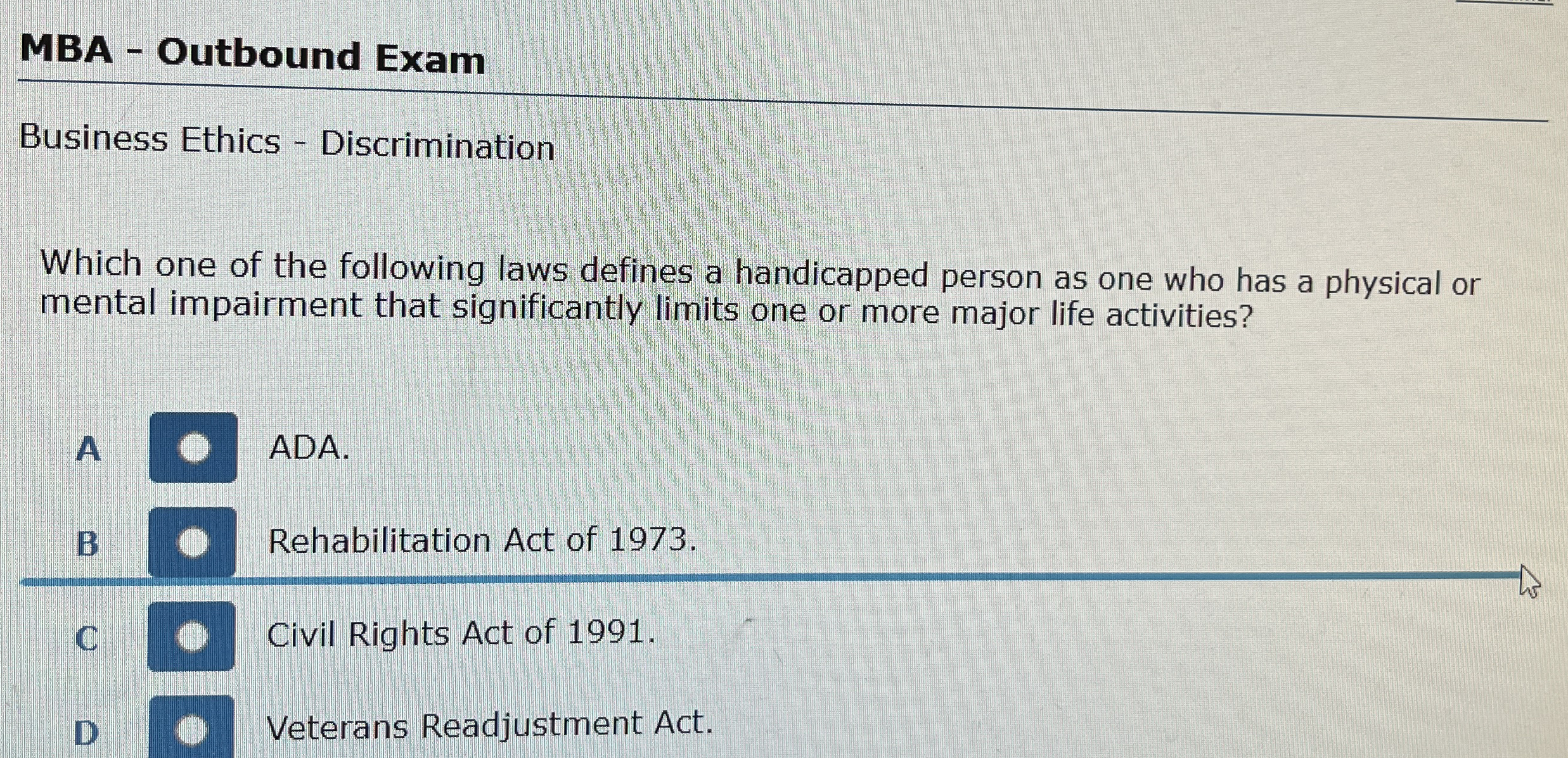 MBA - Outbound Exam Business Ethics -