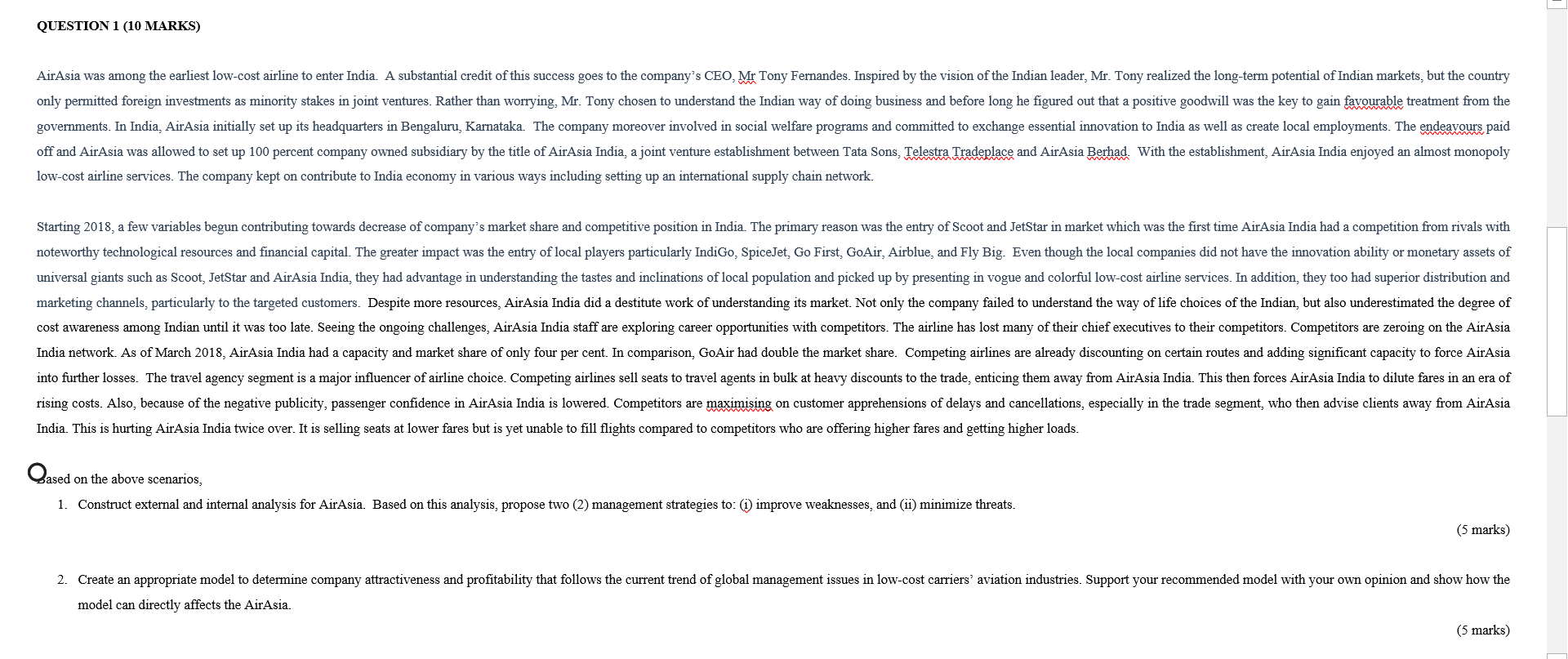 QUESTION 1 (10 MARKS) AirAsia was among the