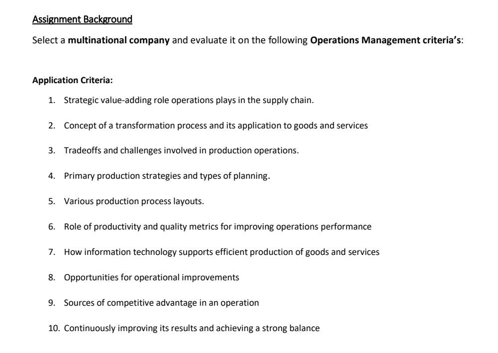 Assignment Background Select a multinational