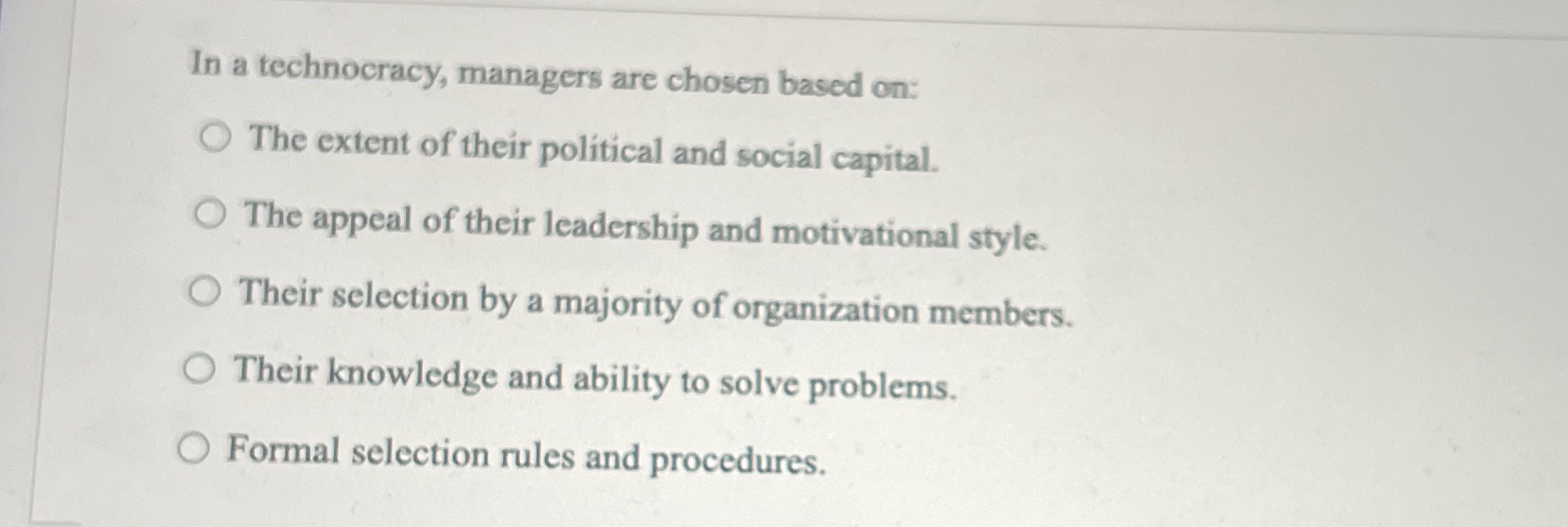 In a technocracy, managers are chosen based on: