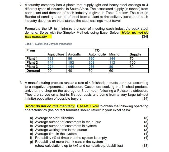2. A foundry company has 3 plants that supply